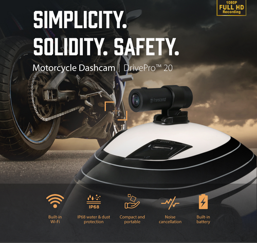 Transcend 64GB Drive Pro 20 Motorcycle Dashcam, 1080P Full HD, Built-in Wi-Fi Transcend 64GB Drive Pro 20 Motorcycle Dashcam, 1080P Full HD, Built-in Wi-Fi